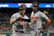 DETROIT, MI - AUGUST 18: Chris Davis #19 of the Baltimore Orioles celebrates a seventh inning home run with Adam Jones #10 while playing the Detroit Tigers at Comerica Park on August 18, 2012 in Detroit, Michigan. (Photo by Gregory Shamus/Getty Images)