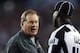 FOXBORO, MA - AUGUST 9: Bill Belichick, coach of the New England Patriots, reacts to an official's call during a game against the Orleans Saints in the first half at Gillette Stadium on August 9, 2012 in Foxboro, Massachusetts. (Photo by Jim Rogash/Getty Images)