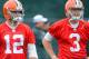 May 22, 2012; Berea, OH, USA: Cleveland Browns quarterback Colt McCoy (12) and quarterback Brandon Weeden (3) during organized team activities at the Cleveland Browns training facility. Mandatory Credit: Eric P. Mull-USPRESSWIRE