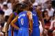 MIAMI, FL - JUNE 19: (L-R) James Harden #13, Russell Westbrook #0 and Kevin Durant #35 of the Oklahoma City Thunder talk on court against the Miami Heat in Game Four of the 2012 NBA Finals on June 19, 2012 at American Airlines Arena in Miami, Florida. NOTE TO USER: User expressly acknowledges and agrees that, by downloading and or using this photograph, User is consenting to the terms and conditions of the Getty Images License Agreement. (Photo by Mike Ehrmann/Getty Images)