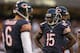 CHICAGO, IL - AUGUST 18: Brandon Marshall #15 and Jay Cutler #6 of the Chicago Bears wait during a time out against the Washington Redskins during a preseason game at Soldier Field on August 18, 2012 in Chicago, Illinois. (Photo by Jonathan Daniel/Getty Images)