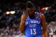 MIAMI, FL - JUNE 17: James Harden #13 of the Oklahoma City Thunder stands on court with his head down in the second half against the Miami Heat in Game Three of the 2012 NBA Finals on June 17, 2012 at American Airlines Arena in Miami, Florida. NOTE TO USER: User expressly acknowledges and agrees that, by downloading and or using this photograph, User is consenting to the terms and conditions of the Getty Images License Agreement. (Photo by Mike Ehrmann/Getty Images)