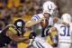 PITTSBURGH, PA - AUGUST 19: Andrew Luck #12 of the Indianapolis Colts is sacked by LaMarr Woodley #56 of the Pittsburgh Steelers during the game on August 19, 2012 at Heinz Field in Pittsburgh, Pennsylvania. (Photo by Justin K. Aller/Getty Images)