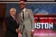 NEWARK, NJ - JUNE 28: Jeremy Lamb (R) of the Connecticut Huskies greets NBA Commissioner David Stern (L) after he was selected number twelve overall by the Houston Rockets during the first round of the 2012 NBA Draft at Prudential Center on June 28, 2012 in Newark, New Jersey. NOTE TO USER: User expressly acknowledges and agrees that, by downloading and/or using this Photograph, user is consenting to the terms and conditions of the Getty Images License Agreement. (Photo by Elsa/Getty Images)