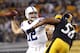 PITTSBURGH, PA - AUGUST 19: Andrew Luck #12 of the Indianapolis Colts drops back to pass under pressure of LaMarr Woodley #56 of the Pittsburgh Steelers during the game on August 19, 2012 at Heinz Field in Pittsburgh, Pennsylvania. (Photo by Justin K. Aller/Getty Images)