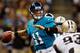 NEW ORLEANS, LA - AUGUST 17: Blaine Gabbert #11 of the Jacksonville Jaguars looks to throw a pass during the game against the New Orleans Saints at the Mercedes-Benz Superdome on August 17, 2012 in New Orleans, Louisiana. (Photo by Chris Graythen/Getty Images)
