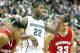 February 16, 2012; East Lansing, MI, USA; Michigan State Spartans forward Branden Dawson (22) points out player assignments against Wisconsin Badgers during the first half at Jack Breslin Students Events Center. MSU won 69-55. Mandatory Credit: Mike Carter-US PRESSWIRE