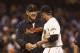 SAN FRANCISCO, CA - JULY 31: Bruce Bochy #15 of the San Francisco Giants shakes hands with Jeremy Affeldt #41 after the game against the New York Mets at AT&T Park on July 31, 2012 in San Francisco, California. The San Francisco Giants defeated the New York Mets 4-1. (Photo by Jason O. Watson/Getty Images)