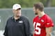 CORTLAND, NY - JULY 27: Tim Tebow #15 of the New York Jets talks with head coach Rex Ryan of the New York Jets at Jets Training Camp at SUNY Cortland on July 27, 2012 in Cortland, New York. (Photo by Jeff Zelevansky/Getty Images)