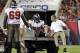 August 24, 2012; Tampa, FL, USA; Tampa Bay Buccaneers guard Davin Joseph (75) gets carted off the field during the second quarter against the New England Patriots at Raymond James Stadium. Mandatory Credit: Kim Klement-US PRESSWIRE