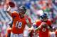 DENVER, CO - AUGUST 26: Quarterback Peyton Manning #18 and quarterback Brock Osweiler #6 of the Denver Broncos warm up on the field before a pre-season game against the San Francisco 49ers at Sports Authority Field Field at Mile High on August 26, 2012 in Denver, Colorado. (Photo by Justin Edmonds/Getty Images)
