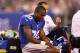 EAST RUTHERFORD, NJ - AUGUST 24: Prince Amukamara #20 of the New York Giants is carted off the field in the first half against the Chicago Bears during a preseason game on August 24, 2012 at MetLife Stadium in East Rutherford, New Jersey. (Photo by Elsa/Getty Images)