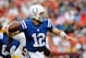 LANDOVER, MD - AUGUST 25: Andrew Luck #12 of the Indianapolis Colts throws a pass against the Washington Redskins during a preseason game at FedExField on August 25, 2012 in Landover, Maryland. (Photo by Patrick McDermott/Getty Images)