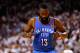 MIAMI, FL - JUNE 17: James Harden #13 of the Oklahoma City Thunder stands on court with his head down in the second half against the Miami Heat in Game Three of the 2012 NBA Finals on June 17, 2012 at American Airlines Arena in Miami, Florida. NOTE TO USER: User expressly acknowledges and agrees that, by downloading and or using this photograph, User is consenting to the terms and conditions of the Getty Images License Agreement. (Photo by Mike Ehrmann/Getty Images)