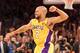 LOS ANGELES, CA - JUNE 17: Derek Fisher #2 of the Los Angeles Lakers celebrates after the Lakers defeated the Boston Celtics in Game Seven of the 2010 NBA Finals at Staples Center on June 17, 2010 in Los Angeles, California. NOTE TO USER: User expressly acknowledges and agrees that, by downloading and/or using this Photograph, user is consenting to the terms and conditions of the Getty Images License Agreement. (Photo by Ronald Martinez/Getty Images)