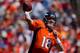DENVER, CO - AUGUST 26: Quarterback Peyton Manning #18 of the Denver Broncos throws a pass against the San Francisco 49ers during the first quarter of a pre-season game at Sports Authority Field Field at Mile High on August 26, 2012 in Denver, Colorado. (Photo by Justin Edmonds/Getty Images)