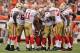 CINCINNATI, OH - SEPTEMBER 25: The San Francisco 49ers huddle up around quarterback Alex Smith #11 while playing against the Cincinnati Bengals at Paul Brown Stadium on September 25, 2011 in Cincinnati, Ohio. (Photo by Jamie Sabau/Getty Images)