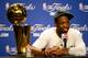 MIAMI, FL - JUNE 21: Dwyane Wade #3 of the Miami Heat smiles next to the Larry O'Brien Finals Championship trophy after they won 121-106 against the Oklahoma City Thunder in Game Five of the 2012 NBA Finals on June 21, 2012 at American Airlines Arena in Miami, Florida. NOTE TO USER: User expressly acknowledges and agrees that, by downloading and or using this photograph, User is consenting to the terms and conditions of the Getty Images License Agreement. (Photo by Ronald Martinez/Getty Images)