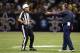 Aug 25, 2012; New Orleans, LA, USA; Replacement referee Don King (60) runs over to respond to Houston Texans head coach Gary Kubiak during second quarter of their preseason game against the New Orleans Saints at the Mercedes-Benz Superdome. Mandatory Credit: John David Mercer-US PRESSWIRE