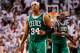 MIAMI, FL - JUNE 05: (L-R) Paul Pierce #34 and Kevin Garnett #5 of the Boston Celtics react late in the fourth quarter against the Miami Heat in Game Five of the Eastern Conference Finals in the 2012 NBA Playoffs on June 5, 2012 at American Airlines Arena in Miami, Florida. NOTE TO USER: User expressly acknowledges and agrees that, by downloading and or using this photograph, User is consenting to the terms and conditions of the Getty Images License Agreement. (Photo by Mike Ehrmann/Getty Images)