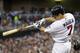 MINNEAPOLIS, MN - AUGUST 10: Joe Mauer #7 of the Minnesota Twins hits an RBI single against the Tampa Bay Rays during the third inning on August 10, 2012 at Target Field in Minneapolis, Minnesota. (Photo by Hannah Foslien/Getty Images)