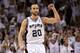 SAN ANTONIO, TX - JUNE 04: Manu Ginobili #20 of the San Antonio Spurs reacts after a basket in the third quarter against the Oklahoma City Thunder in Game Five of the Western Conference Finals of the 2012 NBA Playoffs at AT&T Center on June 4, 2012 in San Antonio, Texas. NOTE TO USER: User expressly acknowledges and agrees that, by downloading and or using this photograph, user is consenting to the terms and conditions of the Getty Images License Agreement. (Photo by Ronald Martinez/Getty Images)