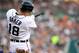 DETROIT, MI - AUGUST 22: Jeff Baker #18 of the Detroit Tigers swings and breaks his bat during a MLB game against the Toronto Blue Jays at Comerica Park on August 22, 2012 in Detroit, Michigan. (Photo by Dave Reginek/Getty Images)