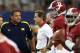 ARLINGTON, TX - SEPTEMBER 01: (L-R) Head coach Brady Hoke of the Michigan Wolverines talks with Nick Saban of the Alabama Crimson Tide before a game at Cowboys Stadium on September 1, 2012 in Arlington, Texas. (Photo by Ronald Martinez/Getty Images)