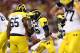 ARLINGTON, TX - SEPTEMBER 01: Denard Robinson #16 of the Michigan Wolverines celebrates a touchdown against the Alabama Crimson Tide at Cowboys Stadium on September 1, 2012 in Arlington, Texas. (Photo by Ronald Martinez/Getty Images)