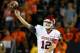 September 1, 2012; Dallas, TX, USA; Oklahoma Sooners quarterback Landry Jones (12) throws the football against the UTEP Miners at Sun Bowl Stadium. The Oklahoma Sooners won 24-7 beating the UTEP Miners. Mandatory Credit: Jim Cowsert-US PRESSWIRE