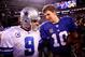 EAST RUTHERFORD, NJ - JANUARY 01: Tony Romo #9 of the Dallas Cowboys and Eli Manning #10 of the New York Giants greet each other after their game at MetLife Stadium on January 1, 2012 in East Rutherford, New Jersey. (Photo by Jeff Zelevansky/Getty Images)