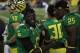 September 1, 2012; Eugene, OR, USA; Oregon Ducks linebacker Boseko Lokombo (25) talks to running back DeAnthony Thomas (6) at Autzen Stadium. Mandatory Credit: Scott Olmos-US PRESSWIRE