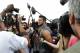 CORTLAND, NY - JULY 27: Tim Tebow #15 of the New York Jets talks to reporters at Jets Training Camp at SUNY Cortland on July 27, 2012 in Cortland, New York. (Photo by Jeff Zelevansky/Getty Images)