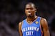 MIAMI, FL - JUNE 19: Kevin Durant #35 of the Oklahoma City Thunder looks on against the Miami Heat in Game Four of the 2012 NBA Finals on June 19, 2012 at American Airlines Arena in Miami, Florida. NOTE TO USER: User expressly acknowledges and agrees that, by downloading and or using this photograph, User is consenting to the terms and conditions of the Getty Images License Agreement. (Photo by Mike Ehrmann/Getty Images)