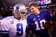 EAST RUTHERFORD, NJ - JANUARY 01: Tony Romo #9 of the Dallas Cowboys and Eli Manning #10 of the New York Giants greet each other after their game at MetLife Stadium on January 1, 2012 in East Rutherford, New Jersey. (Photo by Jeff Zelevansky/Getty Images)