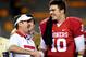 Dec 30, 2011; Tempe, AZ, USA; Oklahoma Sooners quarterback Blake Bell (10) is congratulated by Oklahoma Sooners head coach Bob Stoops after receiving the honor of most valuable offensive player of the 2011 Insight Bowl against Iowa Hawkeyes at the Sun Devil Stadium. Mandatory Credit: Jennifer Hilderbrand-US PRESSWIRE