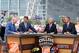 Sep 1, 2012; Arlington, TX, USA; Dallas Cowboys owner Jerry Jones (far left) on the set of ESPN College Gameday with Chris Fowler (second to left) and Lee Corso (second to right) and Kirk Herbstreit (far right) before the game between the Alabama Crimson Tide and the Michigan Wolverines at Cowboys Stadium. Mandatory Credit: Kevin Jairaj-US PRESSWIRE