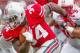 Sept 1, 2012; Columbus, OH, USA; Ohio State Buckeyes running back Carlos Hyde (34) carries the ball for a touchdown during the fourth quarter of the game against the Miami Redhawks at Ohio Stadium. Mandatory Credit: Rob Leifheit-US PRESSWIRE