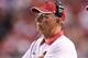 Sep 8, 2012; Little Rock, AR, USA; Arkansas Razorbacks head coach John Smith looks on in the game against the Louisiana Monroe Warhawks during the second quarter at War Memorial Stadium. Mandatory Credit: Nelson Chenault-US PRESSWIRE