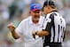 EAST RUTHERFORD, NJ - SEPTEMBER 9: Head coach Chan Gailey (L) of the Buffalo Bills disputes a call with head linesman Michael Bell during an NFL game against the New York Jets at MetLife Stadium on September 9, 2012 in East Rutherford, New Jersey. The Jets defeated the Bills 48-28. (Photo by Rich Schultz /Getty Images)