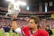 Sept. 8, 2012; Glendale, AZ, USA; Arizona Cardinals quarterback Kevin Kolb (4) salutes the crowd after beating the Seattle Seahawks 20-16 at University of Phoenix Stadium. Mandatory Credit: Matt Kartozian-US PRESSWIRE