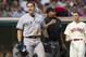 CLEVELAND, OH - AUGUST 25: Mark Teixeira #25 of the New York Yankees argues strike three with home plate umpire umpire Adrian Johnson #80 at the end of the top of the fourth inning against Cleveland Indians at Progressive Field on August 25, 2012 in Cleveland, Ohio. (Photo by Jason Miller/Getty Images)