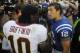 Aug 25, 2012; Landover, MD, USA; Indianapolis Colts quarterback Andrew Luck (12) talks with Washington Redskins quarterback Robert Griffin III (10) after the game at FedEX Field. Mandatory Credit: Brad Mills-US PRESSWIRE