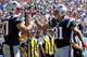 NASHVILLE, TN - SEPTEMBER 09: Tight end Aaron Hernandez #81 of the New England Patriots congratulates teammate Rob Gronkowski #87 on scoring a touchdown against the Tennessee Titans during their season opener at LP Field on September 9, 2012 in Nashville, Tennessee. (Photo by Frederick Breedon/Getty Images)