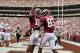 September 8, 2012; Tuscaloosa, AL, USA; Alabama Crimson Tide wide receiver Christion Jones (22) celebrates his touchdown pass against the Western Kentucky Hilltoppers with teammate quarterback A.J. McCarron (10)during the second half at Bryant Denny Stadium. The Alabama Crimson Tide defeated the Western Kentucky Hilltoppers 35-0. Mandatory Credit: John David Mercer-US PRESSWIRE
