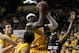 Jan 24, 2012; Laramie, WY, USA; Wyoming Cowboys forward Leonard Washington (5) pulls down a rebound against San Diego State Aztecs center Deshawn Stephens (23) during the second half at the Arena Auditorium. The Aztecs beat the Cowboys 52-42. Mandatory Credit: Troy Babbitt-US PRESSWIRE