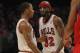 CHICAGO, IL - APRIL 28: Derrick Rose #1 of the Chicago Bulls talks with Richard Hamilton #32 against the Philadelphia 76ers in Game One of the Eastern Conference Quarterfinals during the 2012 NBA Playoffs at the United Center on April 28, 2012 in Chicago, Illinois. The Bulls defeated the 76ers 103-91. NOTE TO USER: User expressly acknowledges and agrees that, by downloading and or using this photograph, User is consenting to the terms and conditions of the Getty Images License Agreement. (Photo by Jonathan Daniel/Getty Images)