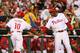 PHILADELPHIA - SEPTEMBER 11: John Mayberry Jr. #15 of the Philadelphia Phillies congratulates Juan Pierre #10 after scoring a run during a game against the Miami Marlins at Citizens Bank Park on September 11, 2012 in Philadelphia, Pennsylvania. (Photo by Hunter Martin/Getty Images)