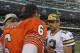 CHICAGO, IL - SEPTEMBER 25: Aaron Rodgers #12 of the Green Bay Packers talks with Jay Cutler #6 of the Chicago Bears after a game at Soldier Field on September 25, 2011 in Chicago, Illinois. The Packers defeated the Bears 27-17. (Photo by Jonathan Daniel/Getty Images)