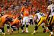 DENVER, CO - SEPTEMBER 09: Quarterback Peyton Manning #18 of the Denver Broncos stalls at the line of scrimmage as he runs off the clock late in the game against the Pittsburgh Steelers at Sports Authority Field at Mile High on September 9, 2012 in Denver, Colorado. The Broncos defeated the Steelers 31-19. (Photo by Doug Pensinger/Getty Images)